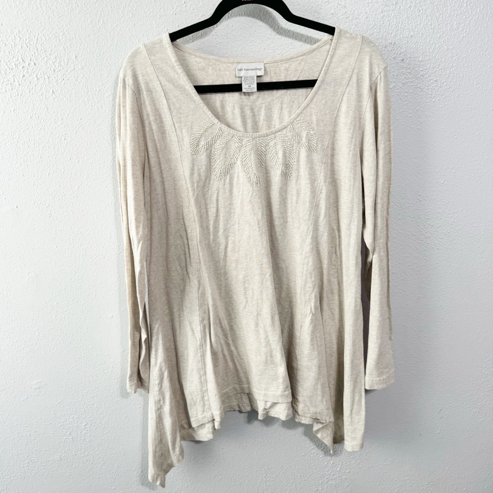 Soft Surroundings oatmeal beaded blouse 1x